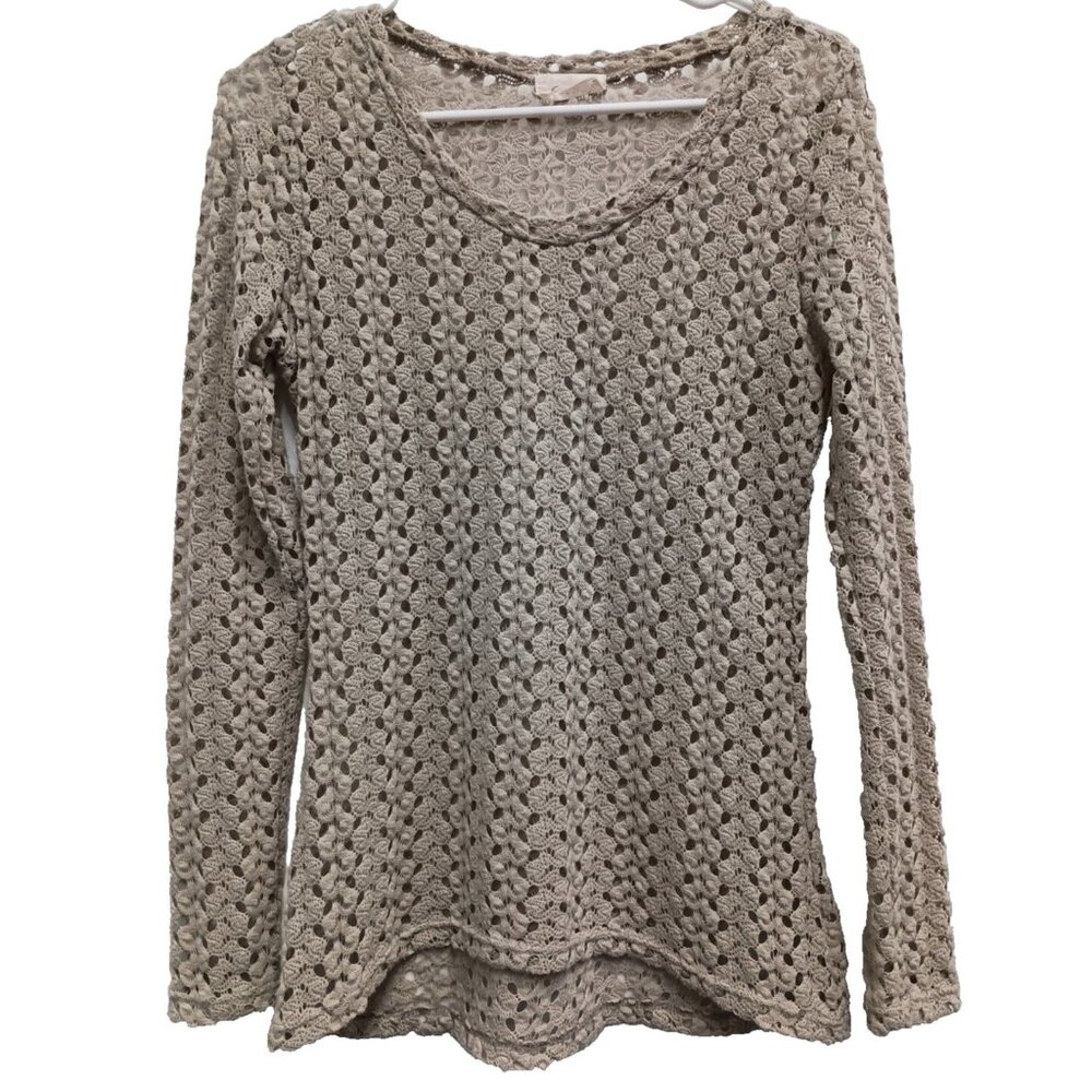 Vintage Y2K Crystal K Womens Crochet Top Medium Beige Long Sleeve Cottagecore